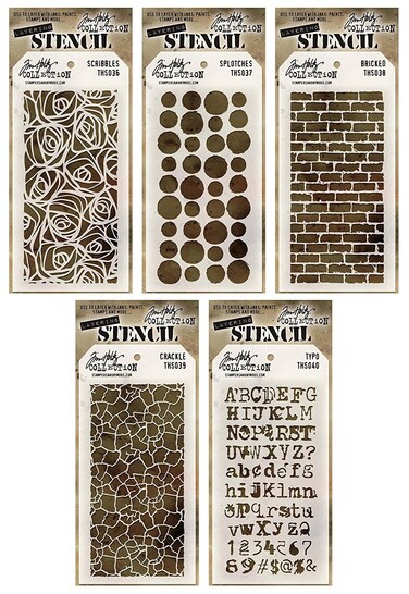 Tim Holtz  Stencils Set 2  Five Item Bundle  Scribbles Splotches Bricked Crackle and Typo