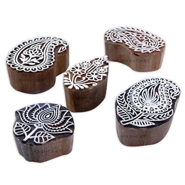 HASHCART Elegant Designs Flower and Lotus Wooden Block Stamps Set of 5 Handmade Wood Printing Stamps for Kids Art Projects Textiles Fabric Clay Henna Tatotoo Wood Stamps for Craft