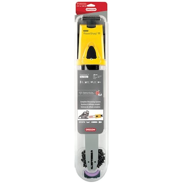 Oregon 18inch PowerSharp Starter Kit with Bar Sharpener and 62 Drive Link PowerSharp Chain 38 Low Profile 050 Gauge Portable Sharpening Tool for Chainsaws 541662GreyYellow