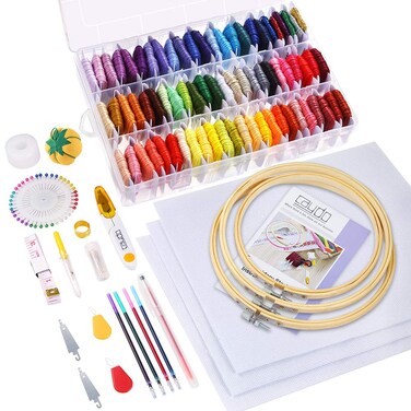 Caydo 164 Pieces Embroidery Kit with Organizer Box 72 Color Threads 3 Pieces Aida Cloth Instructions Embroidery Hoops and Cross Stitch Tools for Adults and Kids Beginners