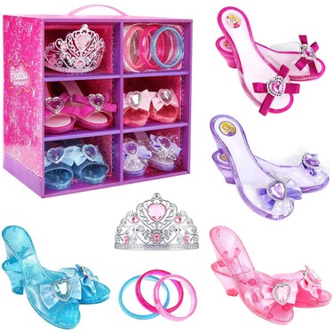 Jeowoqao Girls Dress up Shoes Princess Role Play Shoes Collection Set Dress up Princess Shoes with Princess Crown and 3 Pcs Bracelets for Little Girls Ages 36