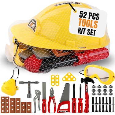Kids Handyman Tools Toy Set 52 PCS Mechanic Pretend Play Construction Playset with Hard Hat Nuts Bolts  Realistic Plastic Toddler Children Accessories for Workbench