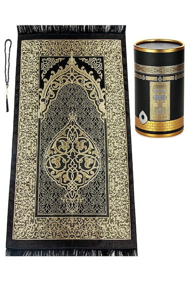 Muslim Prayer Rug and Prayer Beads with Elegant Design Cylinder Gift Box  Janamaz  Sajadah  Soft Islamic Gifts Set  Carpet Mat Taffeta Fabric Black