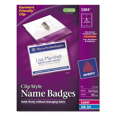 Avery 5384 Name BadgeswClipTop Load3Inch x4Inch40BXWhite