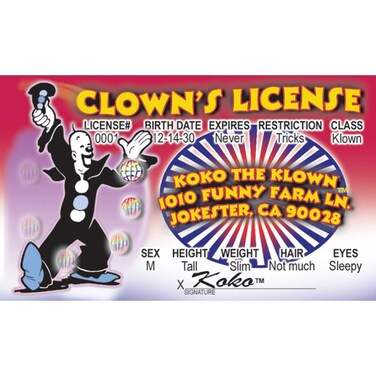 Signs 4 Fun Parody ID  Koko Klown Drivers License  Fake ID Novelty Card  Collectible Trading Card Drivers License  Novelty Gift for Holidays  Made in The USA