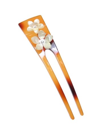 Caravan Tortoise Shell Hair Pin Decorated With Cut Roses Painting And Sprinkled With Rhinestones