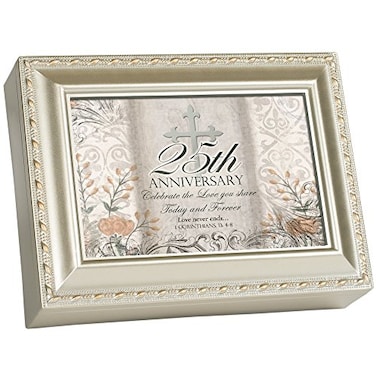 Cottage Garden 25th Anniversary Silvertone Rope Trim Jewelry Music Box Plays Amazing Grace