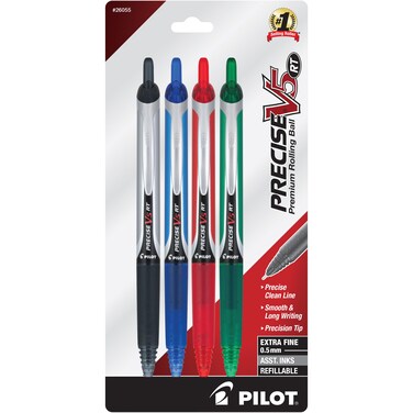 Pilot Precise V5 RT Refillable  Retractable Liquid Ink Rolling Ball Pens Extra Fine Point 05mm BlackBlueGreenRed Pack of 4
