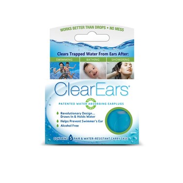 Clear Ears Water Absorbing Earplugs 5 Pairs for Swimming Bathing or Showering Carry Case for Adults or Kids