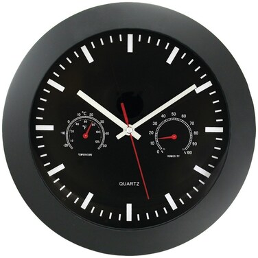 Timekeeper 12 Wall Clock with Black Frame and TemperatureHumidity Gauges BlackSilverRed