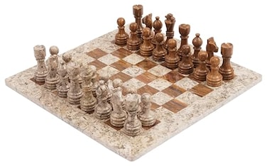 Radicaln Marble Chess Set 15 Inches Fossil Coral and Dark Brown Handmade Board Game Chess Sets for Adults  Travel Chess Game Set for 2 Player  1 Chess Board  32 Chess Pieces