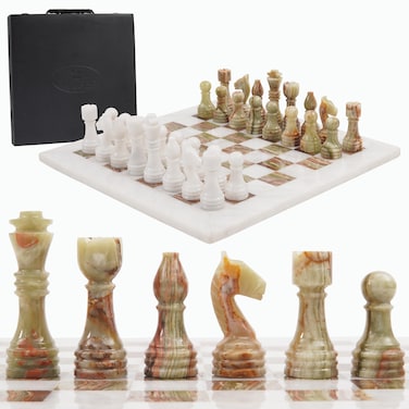Radicaln Marble Chess Set with Storage Box 15 Inches White and Green Onyx Handmade Board Game 2 Player Classic Chess Sets for Adults 1 Chess Board  32 Chess Pieces  Chess Game
