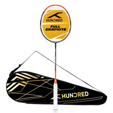 HUNDRED Powertek 1000 PRO Graphite Strung Badminton Racket with Full Racket Cover BlackOrange  for Intermediate Players  95 Grams  Maximum String Tension  26lbs