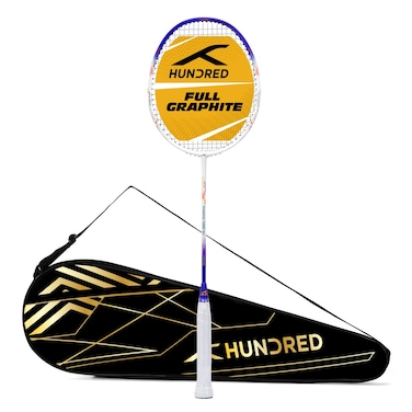 Hundred Powertek 1000 PRO Graphite Strung Badminton Racket with Full Racket Cover WhiteBlue  for Intermediate Players  95 Grams  Maximum String Tension  26lbs