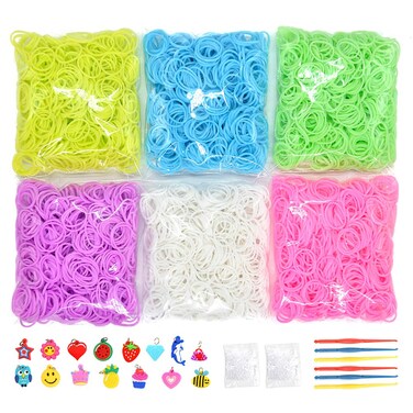 VICOVI 3700 Colorful Rubber Bands Glow in The Dark Set Included 3600 Premium Quality Loom Bands in 6 Colors  100 SClips  15 Lovely Charms  6 Crochet Hooks No Loom Board Included