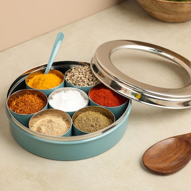 dudki Homes Stainless Steel Masala Dabba Masaladani  Spice Box For Kitchen  Masala Dani With See Through Lid With 7 Containers And A Small Spoon MossGreen BlueGreen