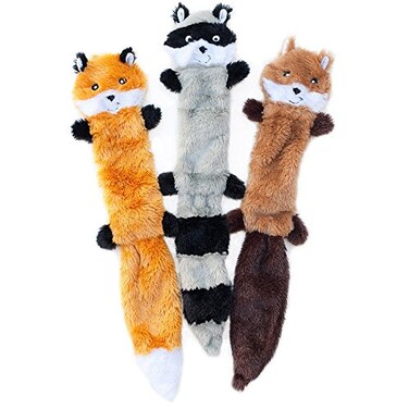 ZippyPaws Skinny Peltz  Fox Raccoon  Squirrel  No Stuffing Squeaky Dog Toys Unstuffed Chew Toy for Small  Medium Breeds Bulk MultiPack of 3 Soft Plush Toys Flat No Stuffing Puppy Toys  18