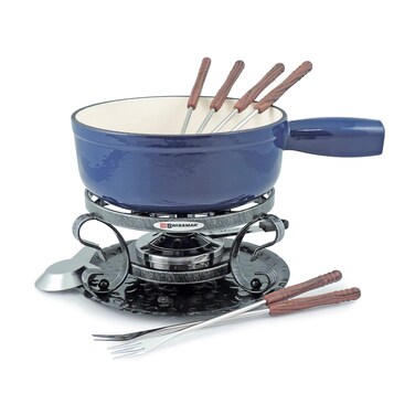 Swissmar KF66518 Lugano 2Quart Cast Iron Cheese Fondue Set 9Piece Deep Blue