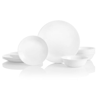 Corelle Vitrelle 18Piece Service for 6 Dinnerware Set Triple Layer Glass and Chip Resistant Lightweight Round Plates and Bowls Set Winter Frost White