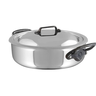 Mauviel MCook CI 5Ply Polished Stainless Steel Rondeau With Lid And Cast Iron Handles 32Qt Made In France