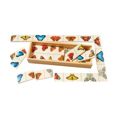 Constructive Playthings 28 pc Match The Wings Butterfly Dominoes Game with 4 L x 2 W x 58 Thick Brightly Colored Dominoes and 14 34 L Wooden Storage Case for Ages 2 Years and Up