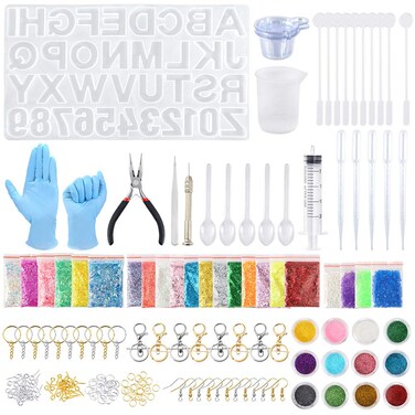 Sntieecr 320 Pieces Letter Resin Molds Alphabet Silicone Casting Molds Kits with Glitter Powder Epoxy Tools and Metal Accessories for DIY Keychains and Craft Making
