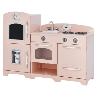 Teamson Kids  Retro Kids Toy Pretend Play Kitchen Playset with Refrigerator Freezer Oven and Dishwasher  Pink 2 Pcs