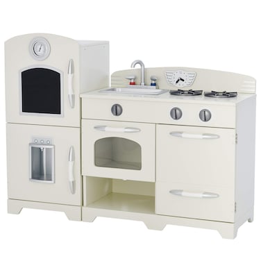 Teamson Kids Little Chef Fairfield Retro Modular Interactive Wooden Play Kitchen with Refrigerator Sink Stove and Storage Space for Easy Clean Up OffWhite with Chrome Accents