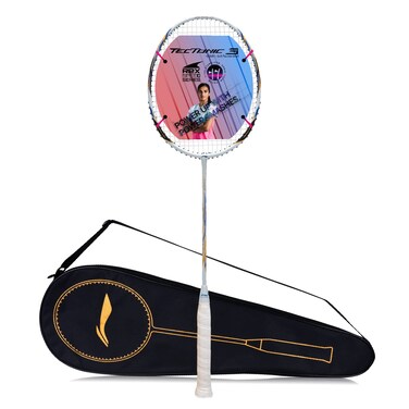 LiNing Tectonic 3R Strung Carbon Fibre Badminton Racket WhiteGoldBlue with Free Full Cover