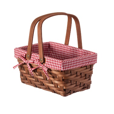 Wickerwise Small Rectangular Woodchip Picnic Baskets with Double Folding Handles Natural HandWoven Basket Lined with Gingham Red and White Lining Great for Gifts