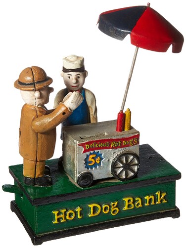 Design Toscano Hot Dog Collectors Die Cast Iron Mechanical Coin Bank