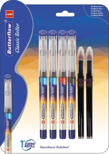 Cello Butterflow Classic Roller Pen Set  Pack of 4 Roller Pens  2 Blue 1 Black  1 Red Ink Colour  2 Jumbo Refills  Smooth Writing Experience  For Students and Office Use  Best Pen for Exams