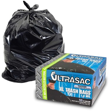 Ultrasac Heavy Duty 45 Gallon Trash Bags Huge 50 Countw Ties  18 MIL  38 x 45  Large Black Plastic Garbage Bags for Contractor Industrial Home Kitchen Commercial Yard Lawn Leaf