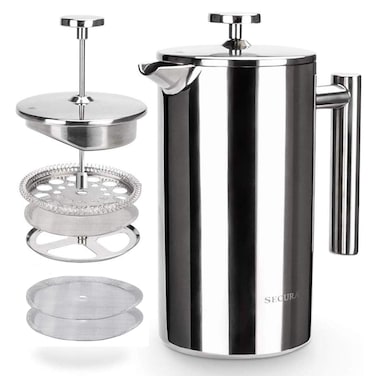 Secura French Press Coffee Maker 304 Grade Stainless Steel Insulated Coffee Press with 2 Extra Screens 34oz 1 Litre Silver