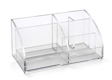 OSCO Clear Acrylic Desk Organiser  7 Section  Pull Out Drawer  Desk Tidy  Stationery Storage  Makeup  Cosmetics  H12 x W25 x D13 cm