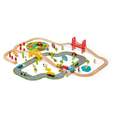 Bigjigs Rail 80pc Rural Road and Rail Wooden Train Set  Kids Train Set with 80 Bigjigs Train Accessories incl Bridges  a Level Crossing for Pretend Play