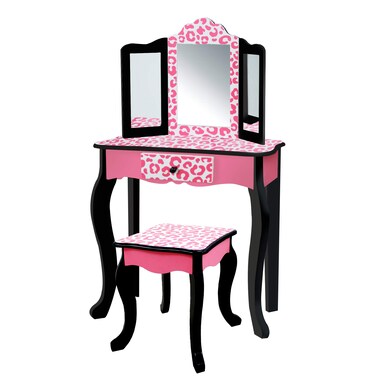 Teamson Kids Leopard Prints Wooden 2pc Play Vanity Set with TriFold Mirror Storage Drawer and Matching Stool to Play Dressup Princess or Beauty Shop BlackPink