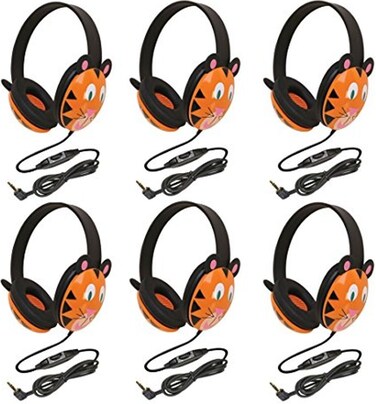 Califone 2810TI Tiger Motif Listening First Stereo Headphone Pack of 6 Adjustable headband comfortable for extended wear Specifically sized for young children