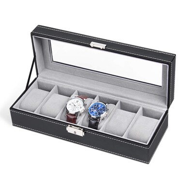 NEX 6 Slots Watch Box Organizer for Men Black Watch Holder Stand Display Storage Case