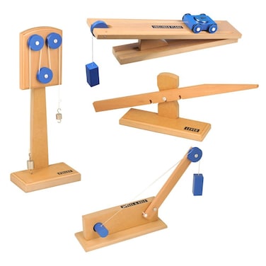 hand2mind Wood Simple Machine Collection with Inclined Plane and Cart Double Pulley Lever Set of 4