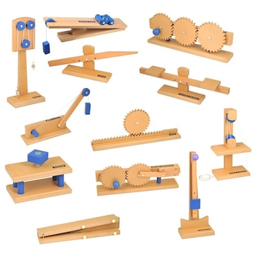 hand2mind Wood Simple Machine Collection with Inclined Plane and Cart Double Pulley Lever Set of 12