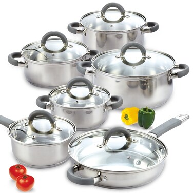 Cook N Home Cookware Basic Pots and Pans 12 Piece set Stainless Steel Grey Silicone Handle