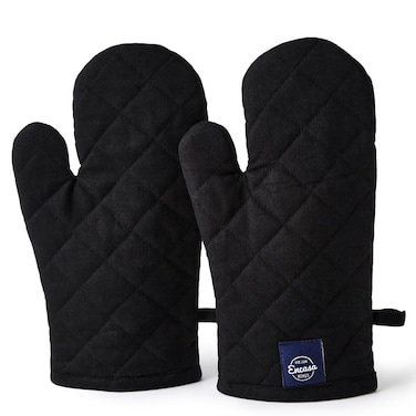 Encasa Heat Resistant Cotton Oven Gloves Mitts 2 Pc Set  Quilted  Safe 12x7 in  for Kitchen Cooking  Baking Grilling Handling Hot Pots  Pans  Full Black