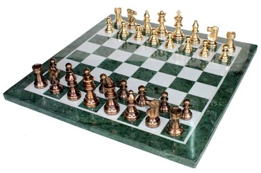 StonKraft Collectible Green Marble Chess Board Set  Brass Crafted Pieces Pawns  Decorative Stone Chess  Home Dcor  20 Inches