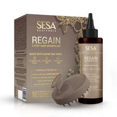 SESA Ayurvedic Regain 2 Step Hair Oil Growth Kit With 26 Herbs And 6 Essential Oils Promotes Hair Growth Reduces Hair Fall With Massager Natural Hair Oil For Women And Men 100 Ml or 338 oz