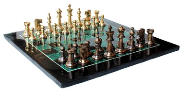 StonKraft Collectible Black Marble and Malachite Stone Chess Board Set  Brass Chess Pieces Pawns  Decorative Stone Chess  Home Dcor  15 Inches