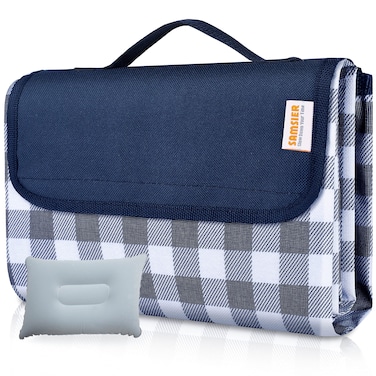 SAMSIER Outdoor Picnic Blankets Waterproof Foldable with Pillow Large Beach Blanket Sandproof Gingham Picnic Mat Cute Washable Portable 6080 Navy Blue  2 Layers 1 Pack