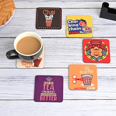GKD Coaster Set of 6 Beautiful Wooden Coasters with Proper Coaster Stand Designer Coaster Set fit for Tea Cups and Coffee Mugs Also chai Lover Gifts Square 38 X 38 Inch chai