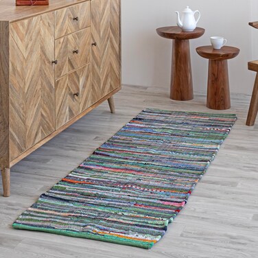 HOMEMONDE Chindi Runner Rug 2x6 Recycled Cotton Hand Braided Reversible Boho Rugs for KitchenBedroomLiving Room Green