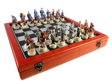 Chess Set  Civil War Resin Chessmen Generals on Cherry Stain Chest